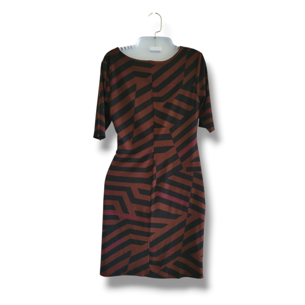 Donna Ricco | Brown/Black Abstract Stripe Asymmetric Ruched Dress (SIZE 4P) - Picture 2 of 12
